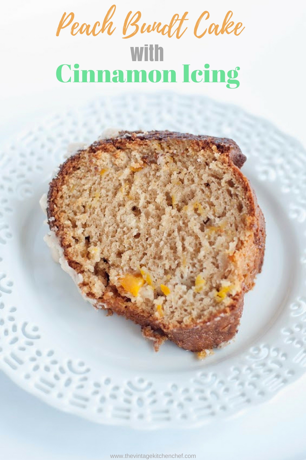 Peach Bundt Cake with Cinnamon Icing is a dense and moist cake It's as easy as one, two, three...mix, bake, and ice! Oh, and step four...eat! 