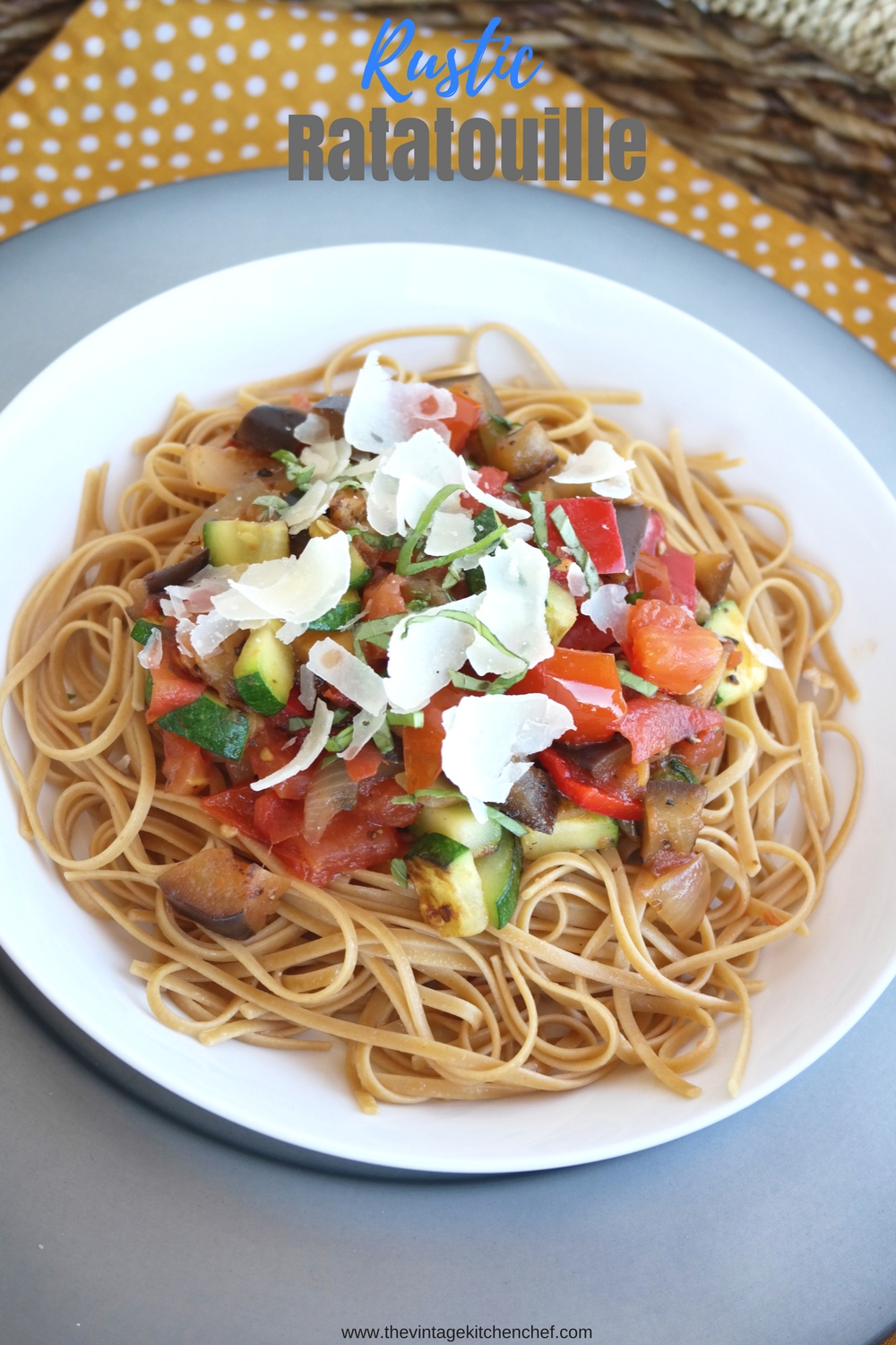 Rustic Ratatouille is a hearty, savory French Provencal dish loaded with tasty veggies and lots of flavor. This dish is served over whole wheat pasta. YUM! 