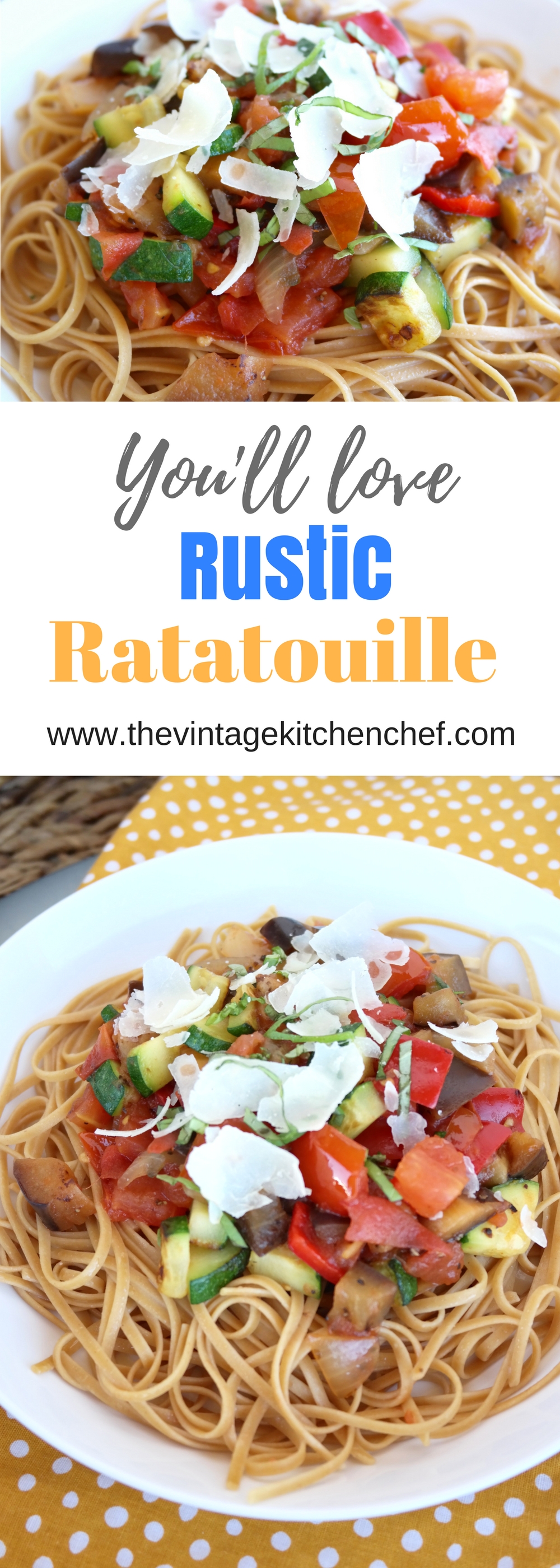 Rustic Ratatouille is a hearty, savory French Provencal dish loaded with tasty veggies and lots of flavor. This dish is served over whole wheat pasta. YUM! 