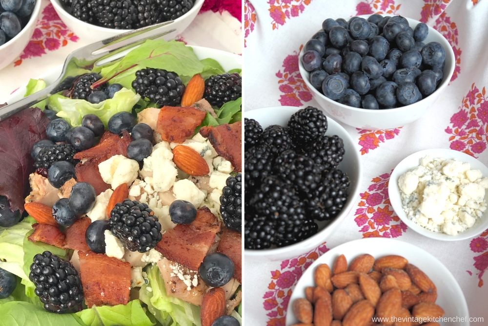 Smoky Black and Blue Salad combines luscious berries, grilled chicken, smoked almonds, and smoky bacon to get salad perfection!