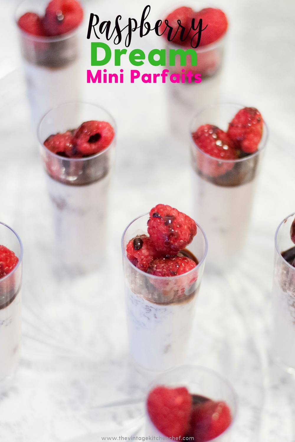 Easy Raspberry Dream Mini Parfaits begin with bites of chocolate cake mingled with creamy Italian custard, fresh raspberries and a touch of chocolate syrup. 