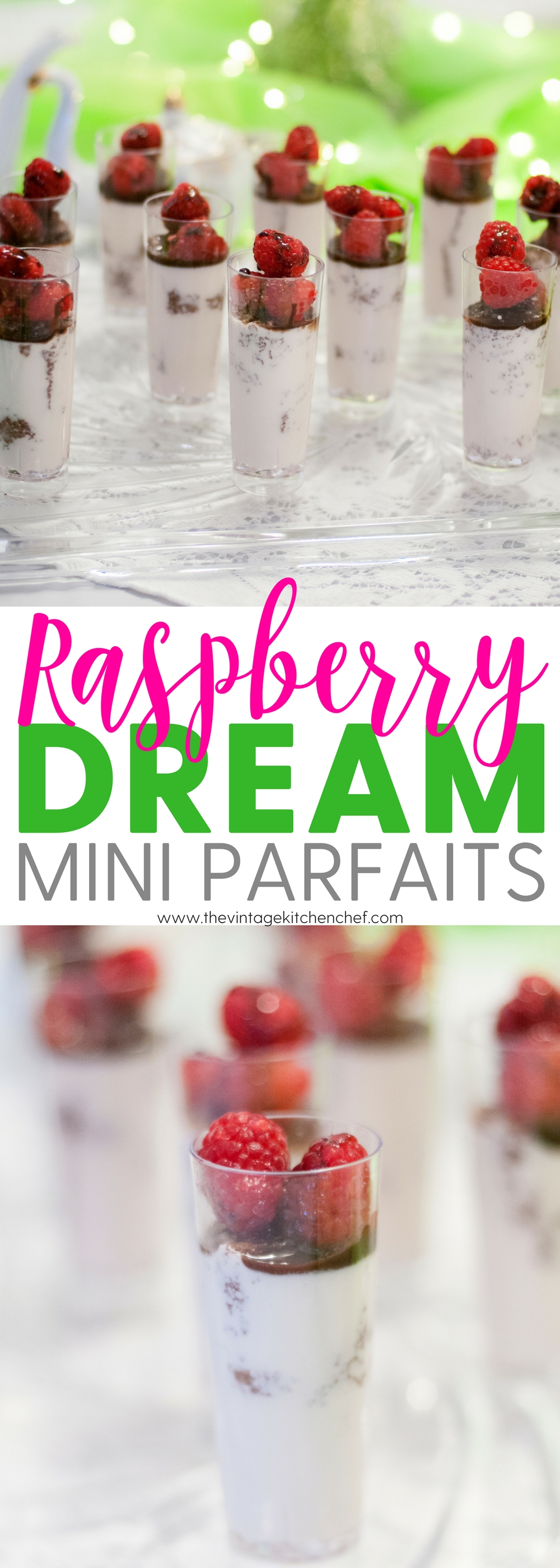 Easy Raspberry Dream Mini Parfaits begin with bites of chocolate cake mingled with creamy Italian custard, fresh raspberries and a touch of chocolate syrup. 