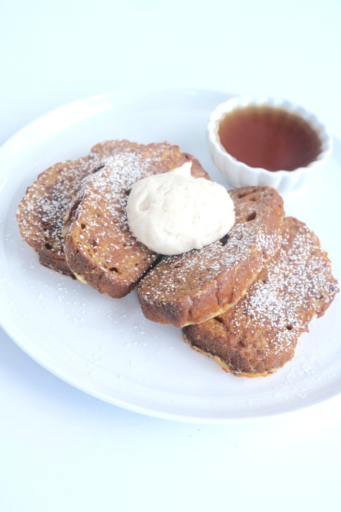 Pumpkin Bread French Toast is utterly delicious, delectable and delightful! Top if off with cinnamon cream cheese to achieve french toast perfection!