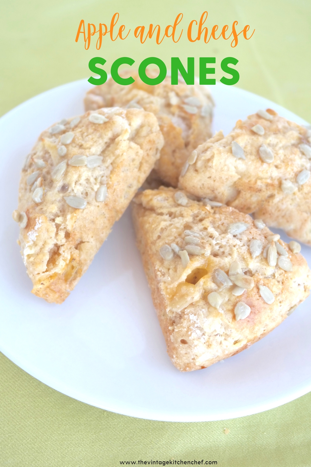 Fresh Apple and Cheese Scones are baked with bits of fresh apple and cheese, and a touch of crunchy sunflower seeds. Perfect for tea time or breakfast!