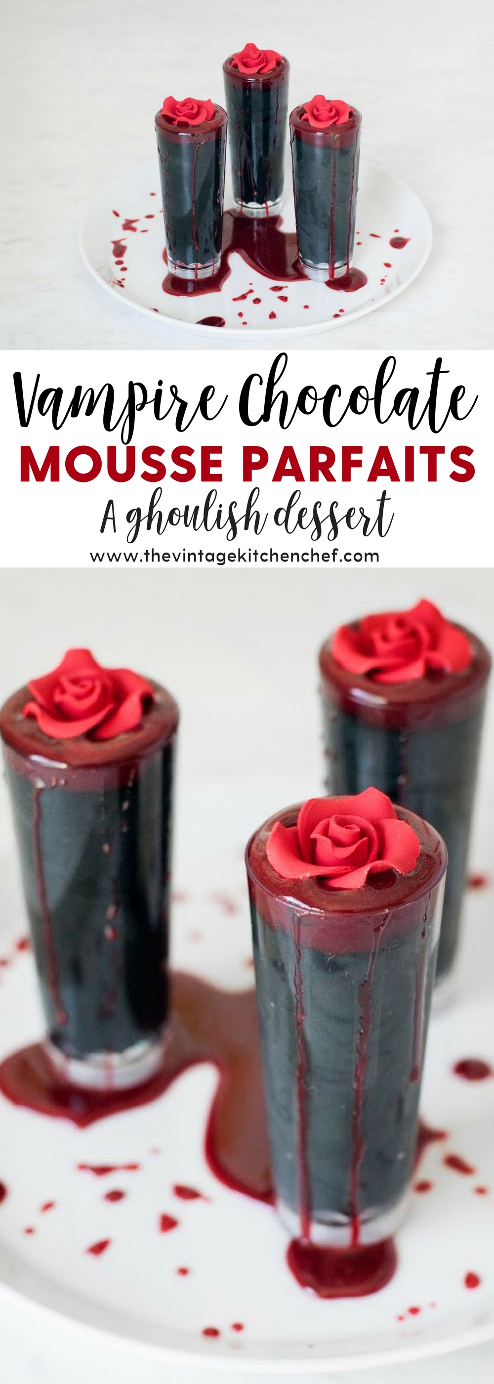 A creepy, decadent and insanely delicious mini dessert! Rich and creamy chocolate mousse with a splash of edible blood on the top...what's not to love?
