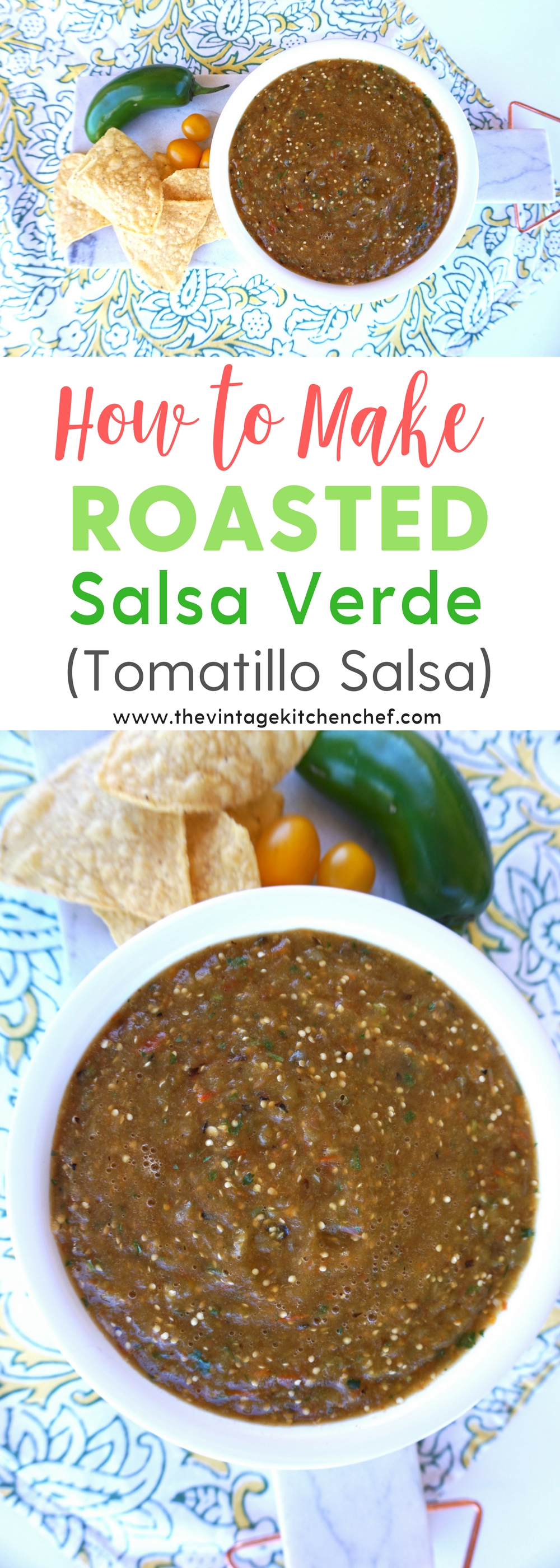 Roasted Salsa Verde is a treat for your tastebuds! It's a little chunky and tangy with just the right amount of spiciness. Enjoy it on tacos or with chips!